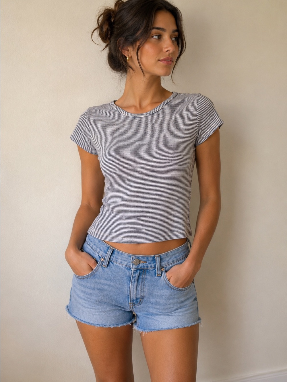 Brandy Melville 'Ashlyn' Tee Gray & White Stripe Coquette Soft Girl OS